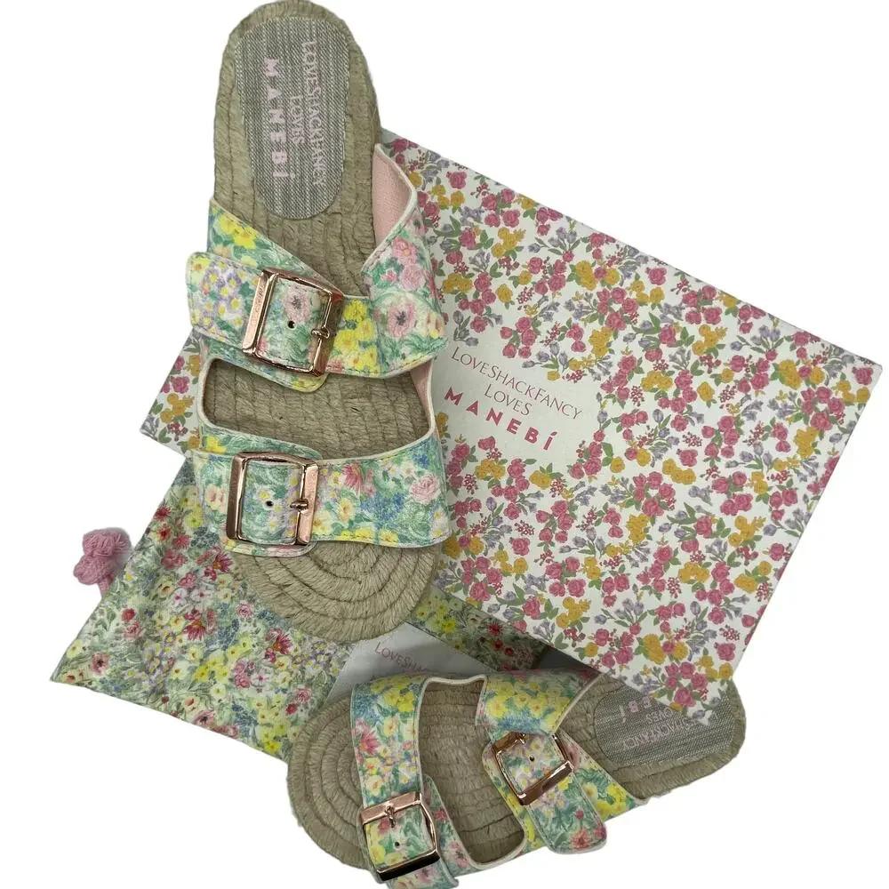 LoveShackFancy x Manebí Nordic Floral Leather Espadrille Slides - Rainbow Skies